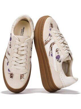 Women's Cream Lace-up Shoes Memory Foam Insole Casual Platform Sneakers